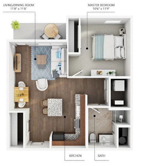 Floor plan for 1 bed, 1 bath, 630 sqft